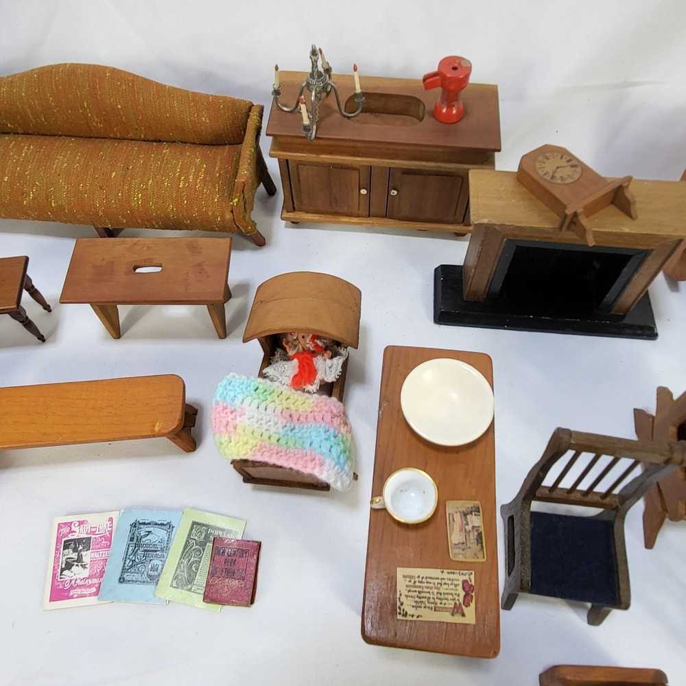 Large Lot VTG Dollhouse Furniture Wooden Miniature Sofa Chairs Fireplace Cradle - Picture 7 of 16